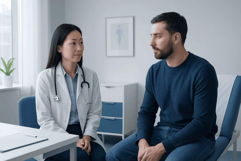 Doctor consulting with male patient in a medical office setting.