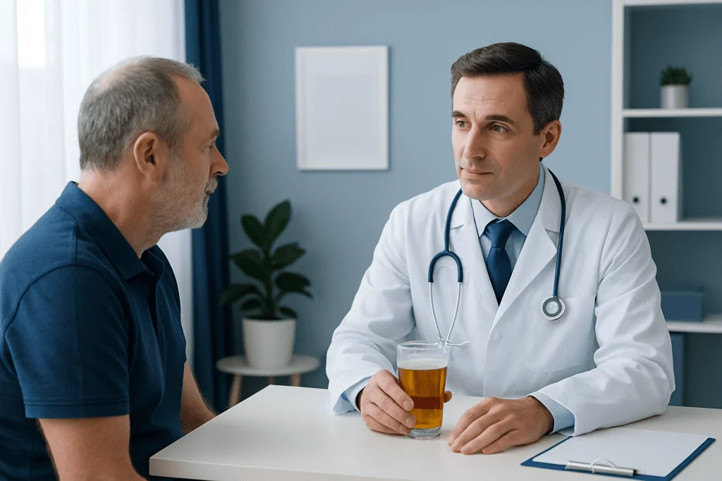 Doctor consulting with patient about health in a medical office.
