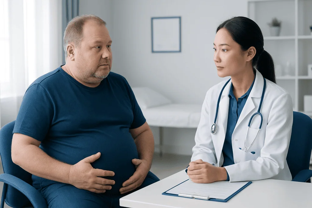 Doctor consulting with a male patient about health concerns in a clinic setting.