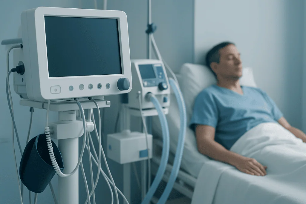 Patient resting in hospital bed with medical monitors nearby.