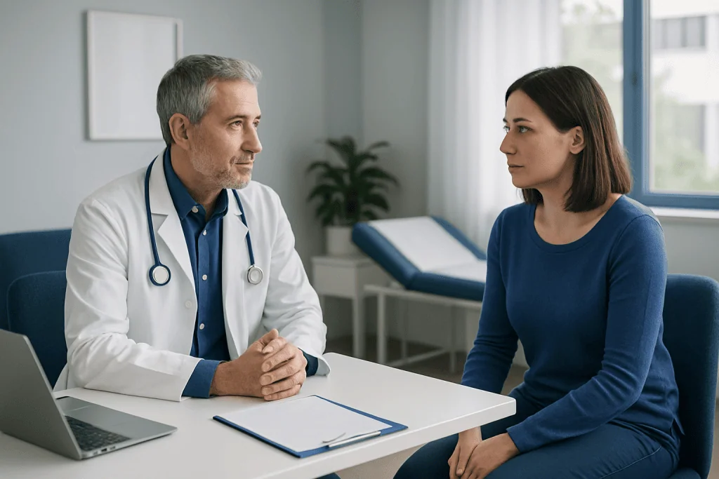 Doctor consulting with a female patient in a medical office setting.