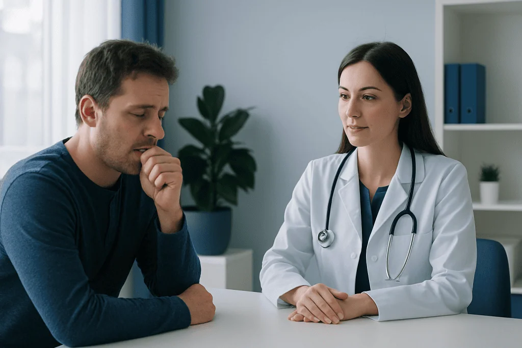 Patient consulting with doctor about sleep issues in a medical office.