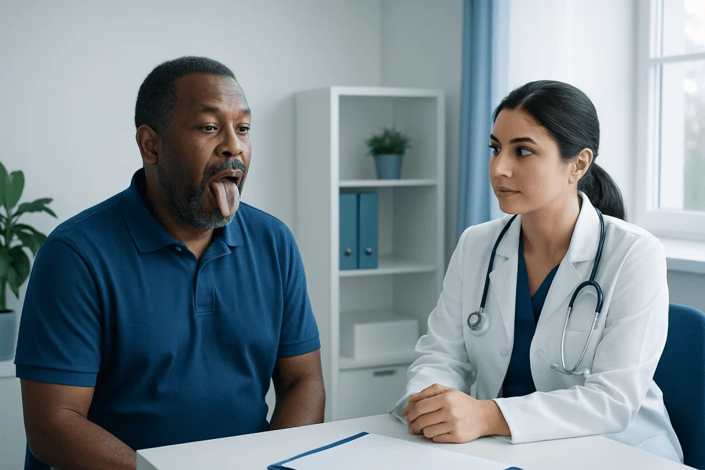 Doctor examining patient with tongue out in consultation room.