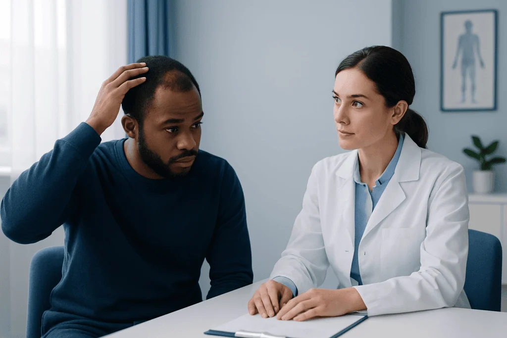 Patient consulting with doctor about hair loss treatment options.