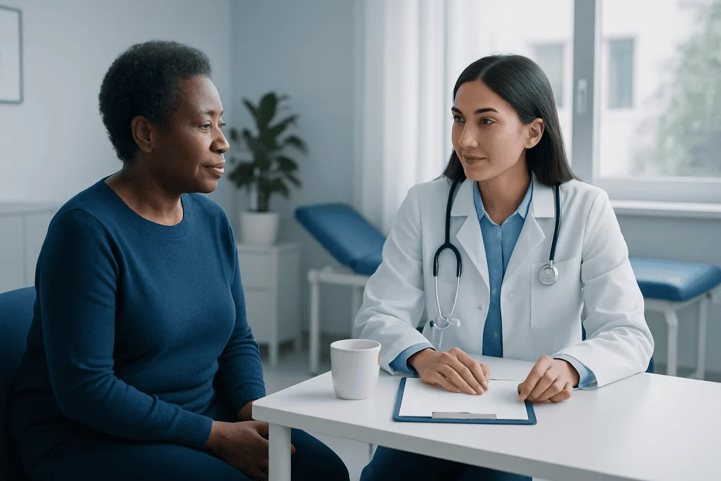Doctor consulting with a patient in a medical office setting.