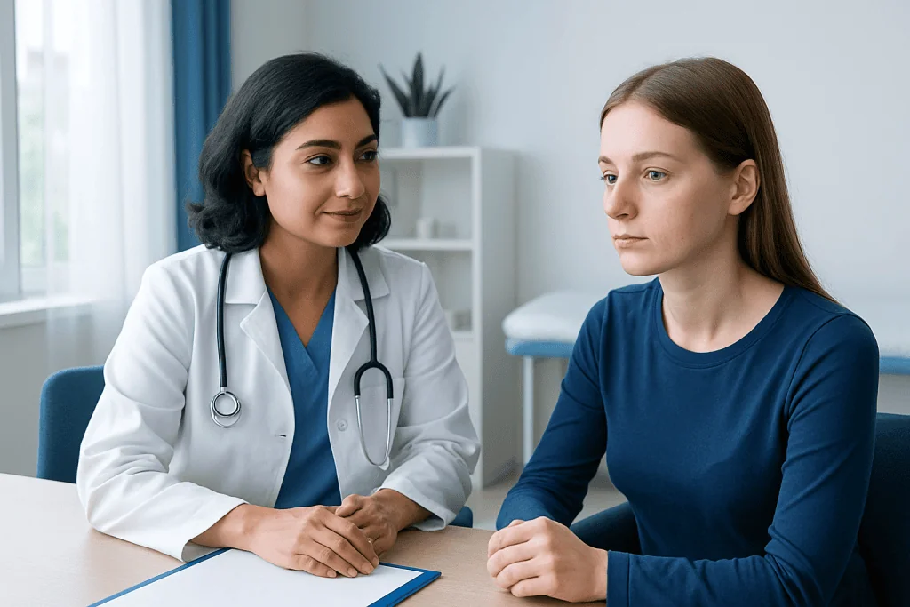 Doctor consulting with a patient about skin concerns in a medical office.