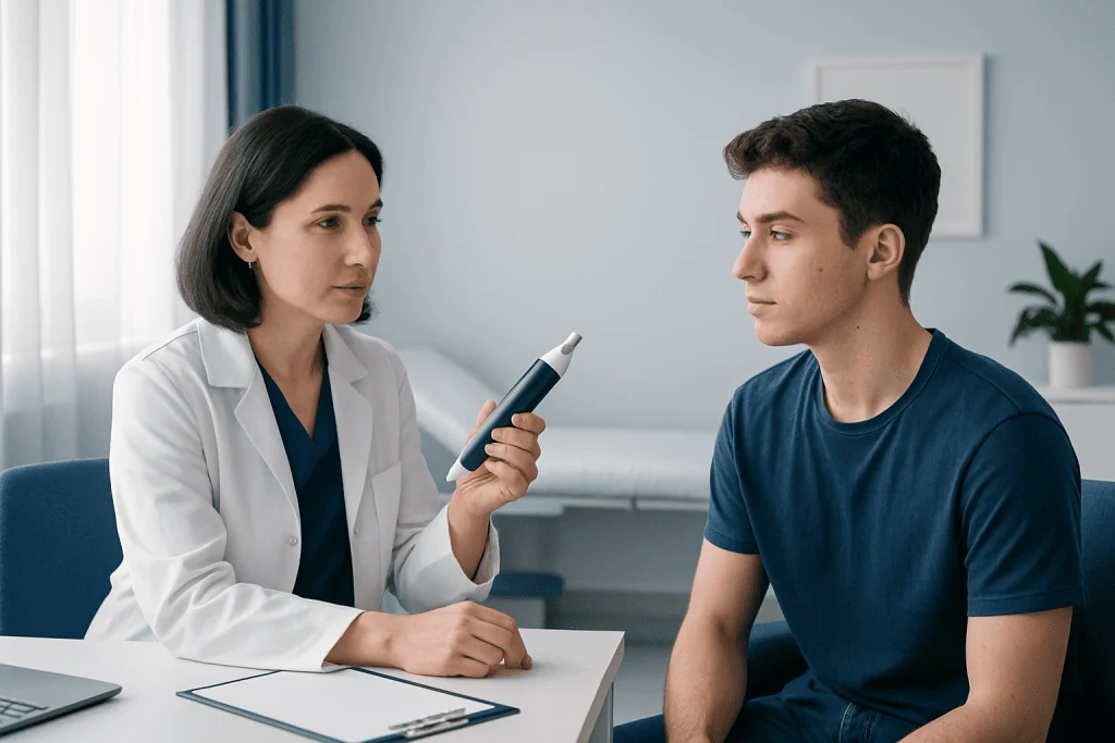 Dermatologist examines a young man's skin with a dermatoscope in a clinic.