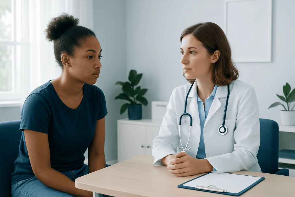 Doctor consulting with a patient in a modern clinic setting.