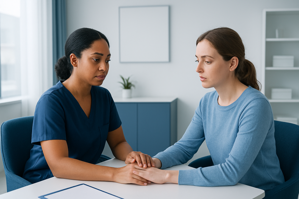 Doctor comforting patient during consultation in a medical office.