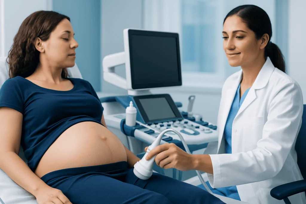 Pregnant woman undergoing ultrasound at Acibadem Hospital.