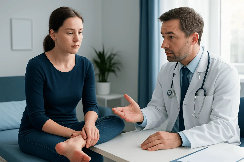 Doctor consulting with a patient about foot health and blisters.