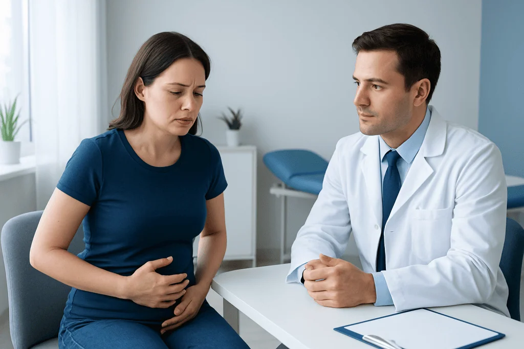 Woman consulting doctor about stomach discomfort in a medical office.