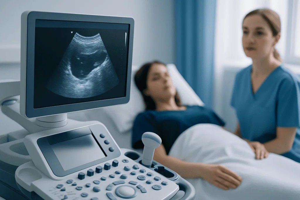 Medical ultrasound scan being performed on a patient in a hospital setting.