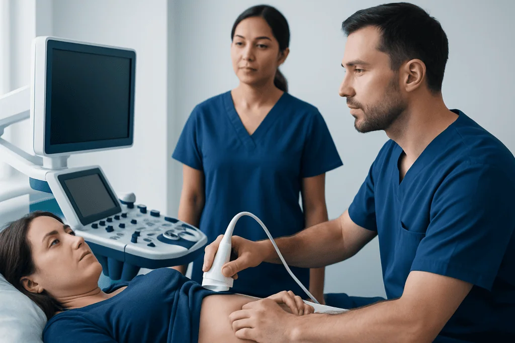 Medical professionals perform an ultrasound examination on a patient in a hospital.