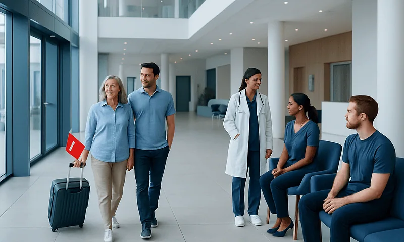 Patients and medical staff in hospital lobby with luggage and seating area.