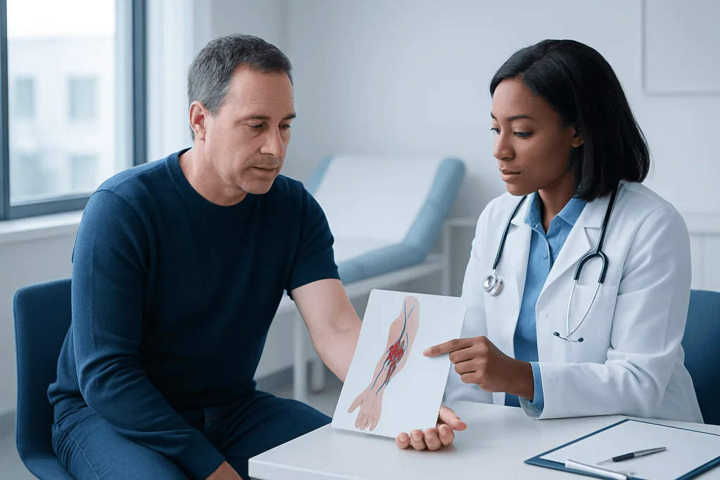 Doctor explaining arm blood clot diagram to patient in clinic.