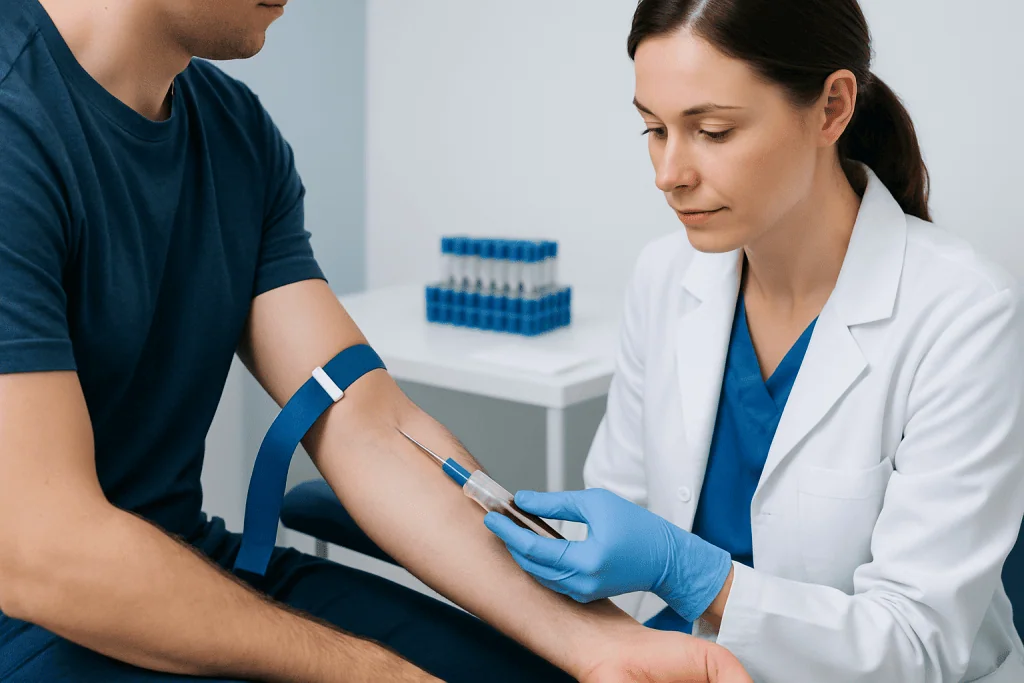 Medical professional drawing blood from patient at hospital.