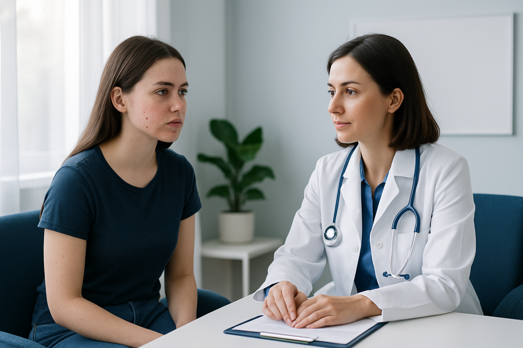 Doctor consulting with a young female patient about skin issues.