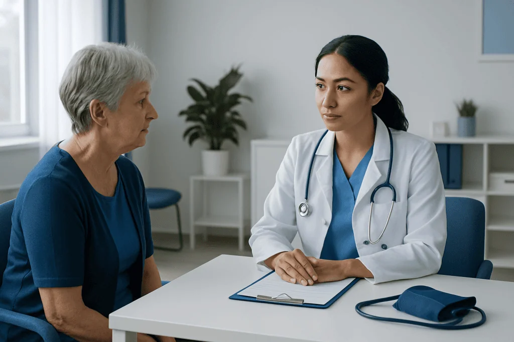 Doctor consulting with elderly patient in a medical office.