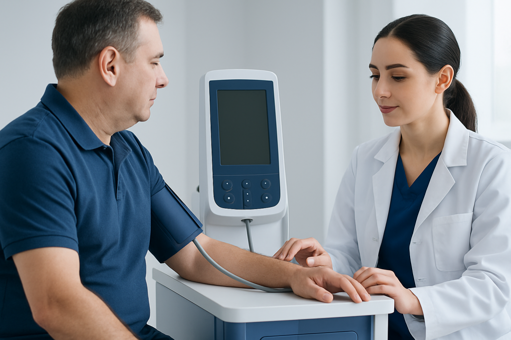 Doctor measuring patient's blood pressure in a clinical setting.