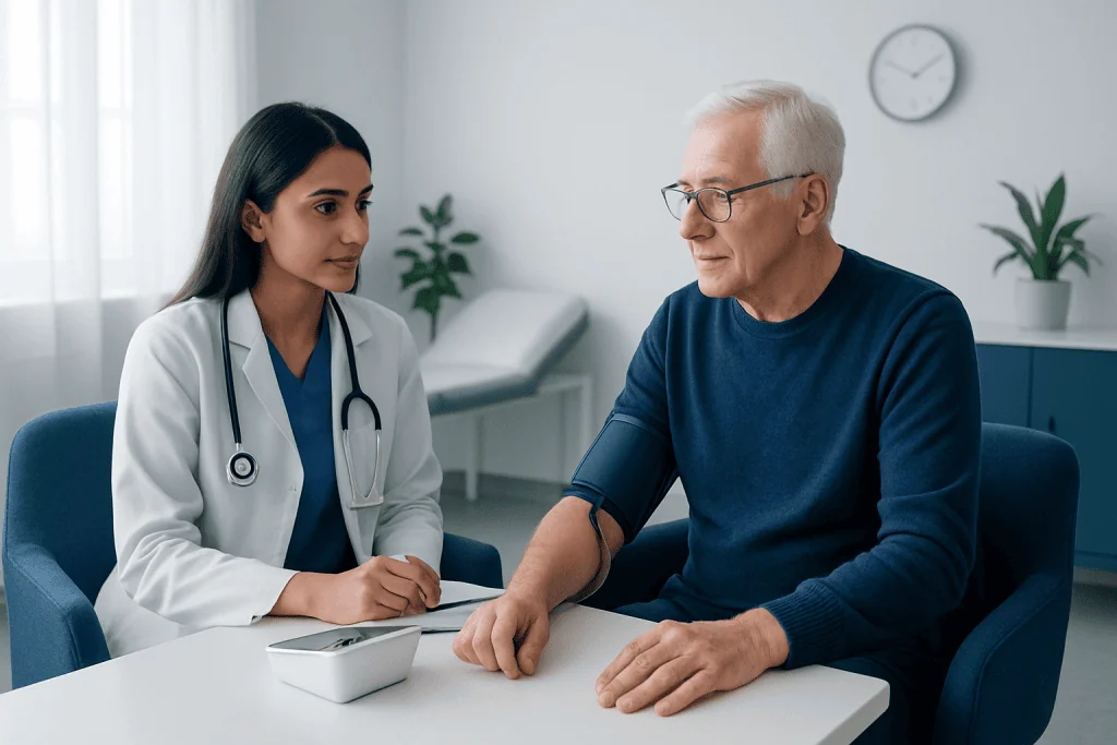 Doctor measuring senior man's blood pressure in a clinical setting.