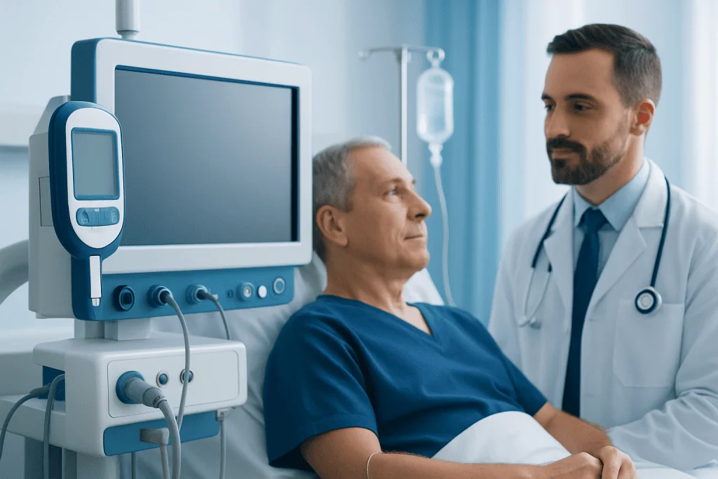 Doctor consulting with patient in hospital room with medical equipment.