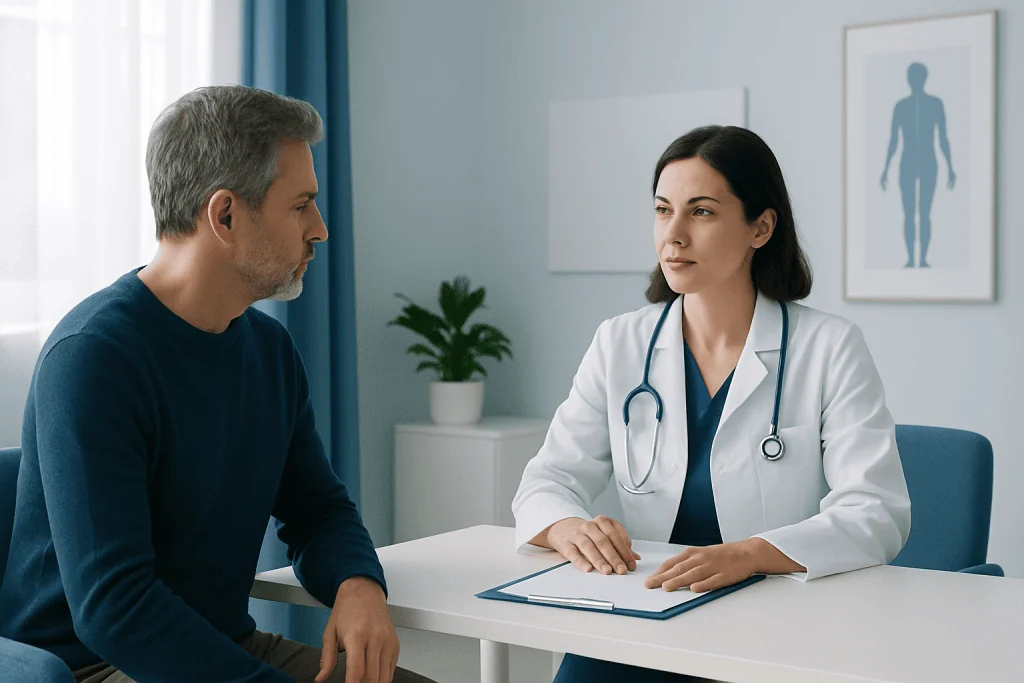 Doctor consulting with a patient in a modern medical office setting.
