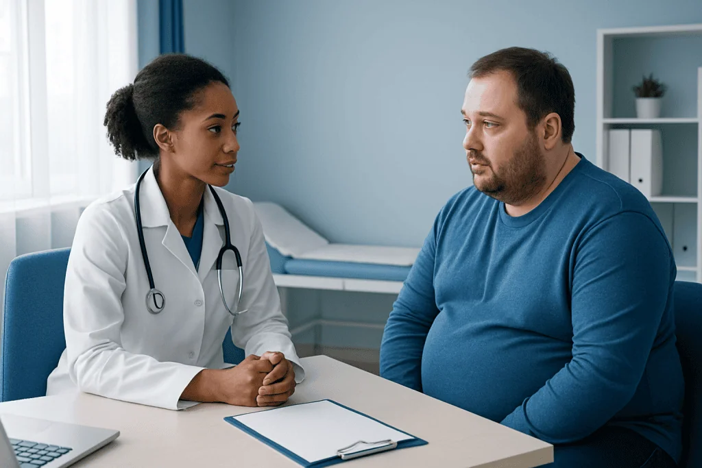 Doctor consulting with patient in a medical office setting.