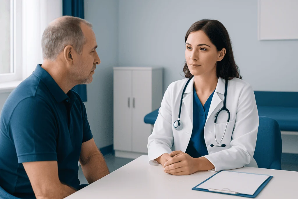 Doctor consulting with a patient in a modern medical office.