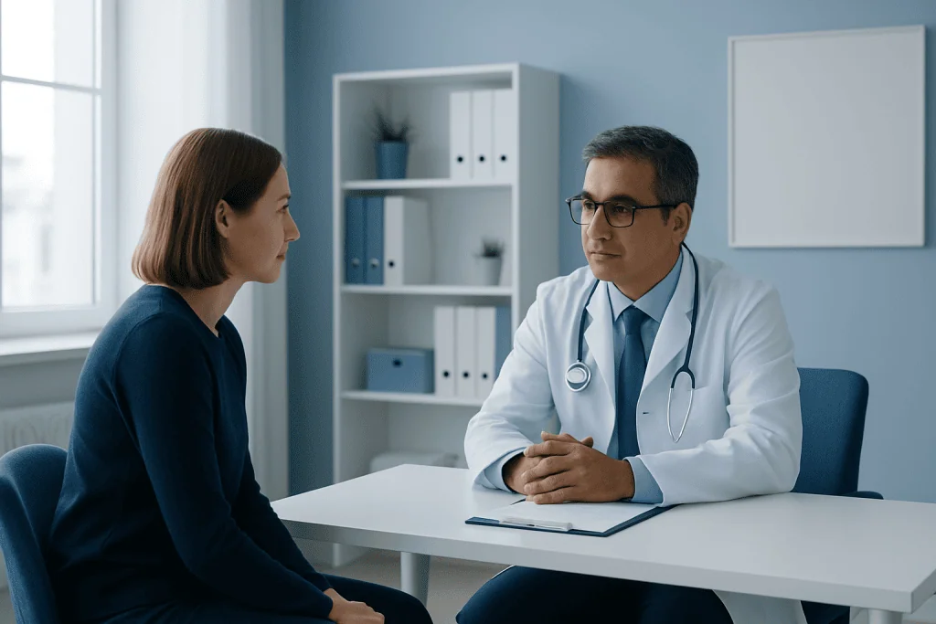 Doctor consulting with a female patient in a modern medical office.