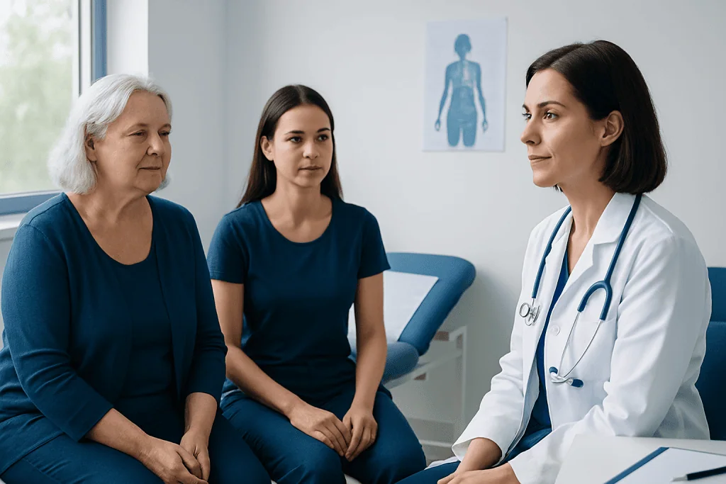 Doctor consulting with two female patients in a medical office.