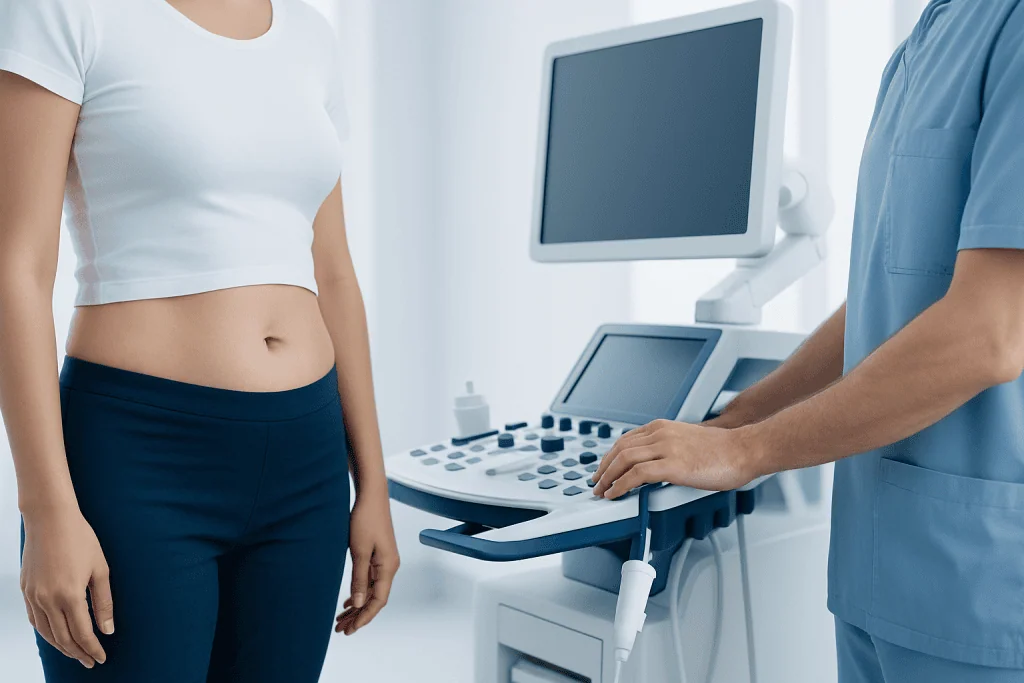 Medical professional performing waist measurement on patient in clinic.