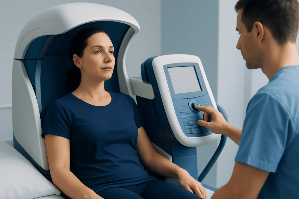 Woman undergoing body composition analysis with advanced medical device.