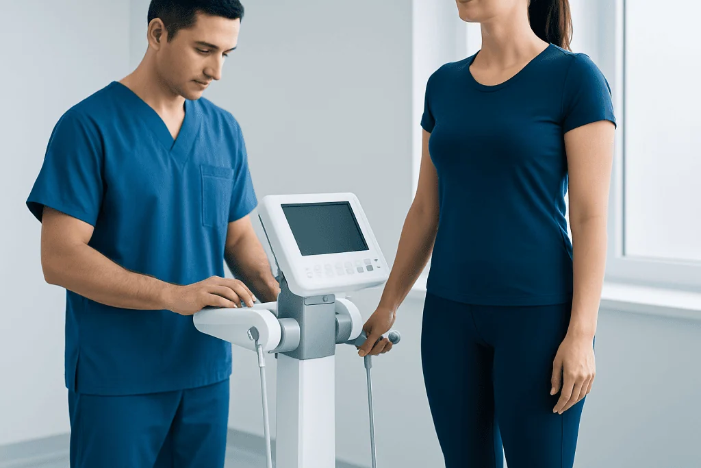 Medical professional measuring body fat with a digital device at Acibadem Hospital.
