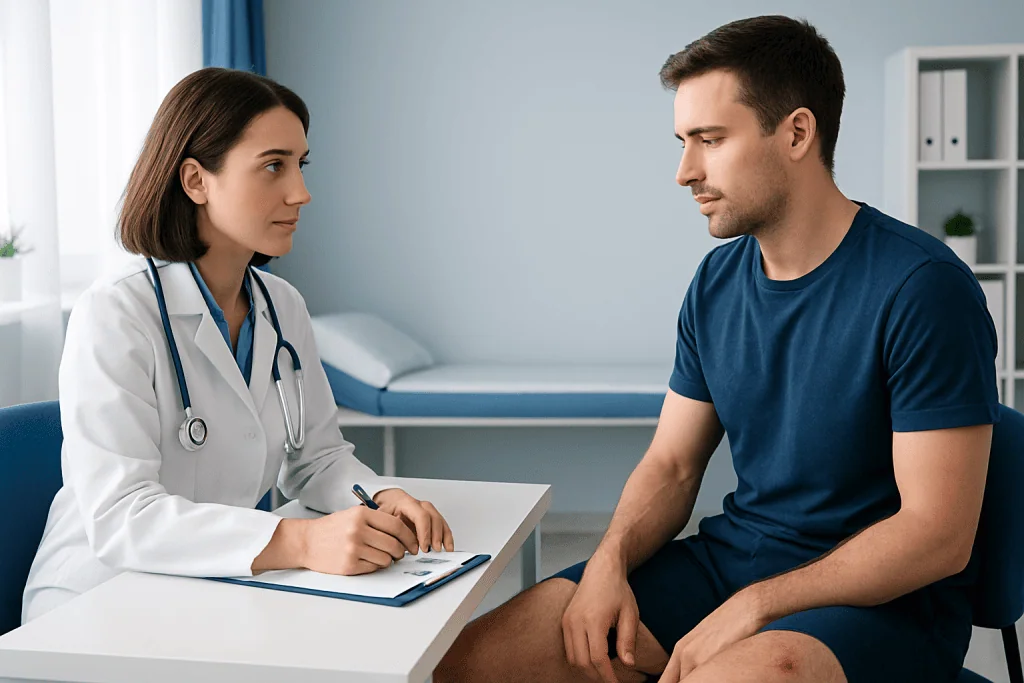 Doctor consulting patient in a medical office setting.