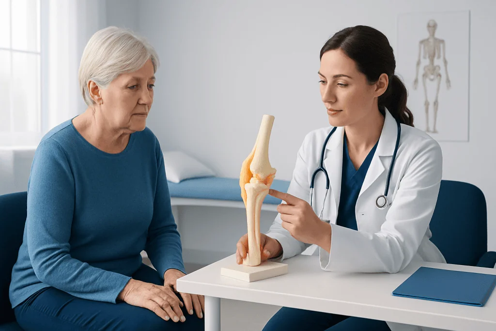 Orthopedic doctor explaining knee joint model to elderly woman in clinic.