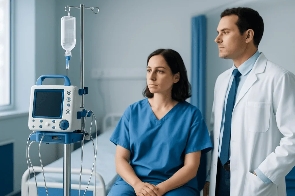 Medical professionals monitoring a patient with IV therapy in hospital.