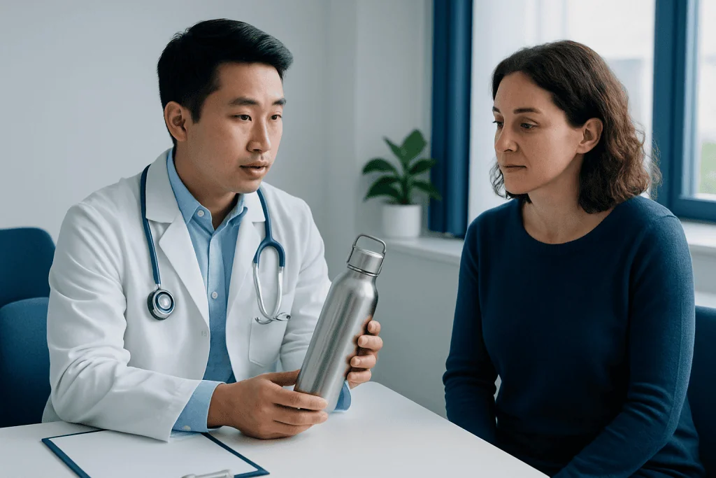 Doctor explaining stainless steel water bottle to patient in clinic.
