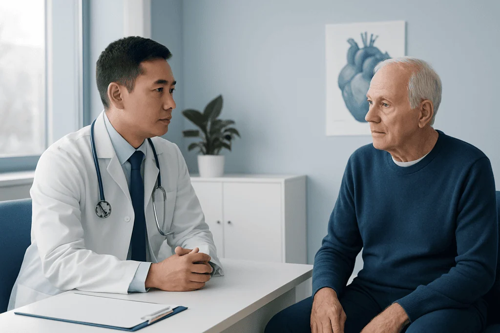 Doctor consulting with elderly patient in a medical office.