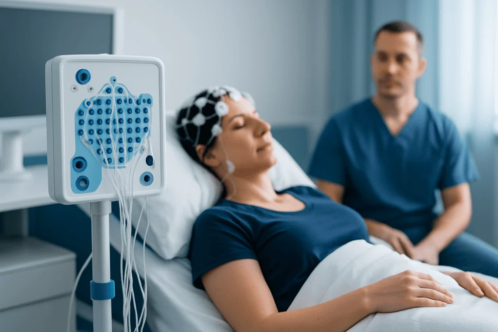 Patient undergoing overnight sleep study with EEG monitoring at Acibadem Hospital.