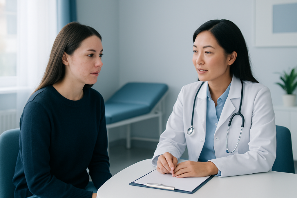 Doctor consulting with a patient in a modern hospital room.