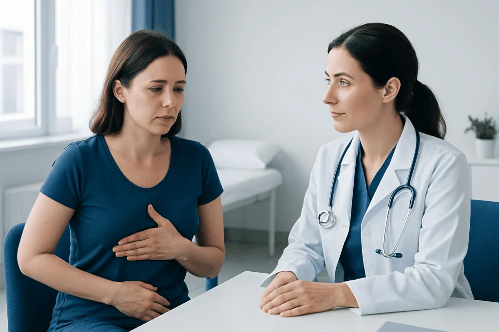 Doctor consulting with a woman patient about breast health in a clinic.