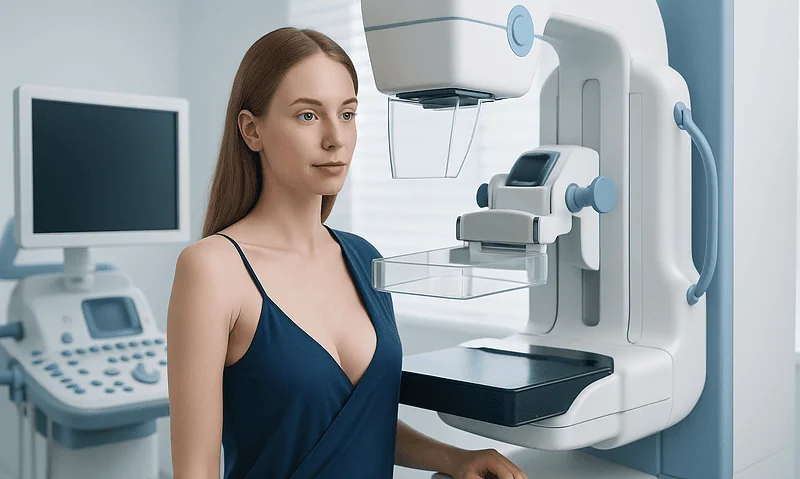 Young woman undergoing mammogram at Acibadem Hospital for breast health screening.
