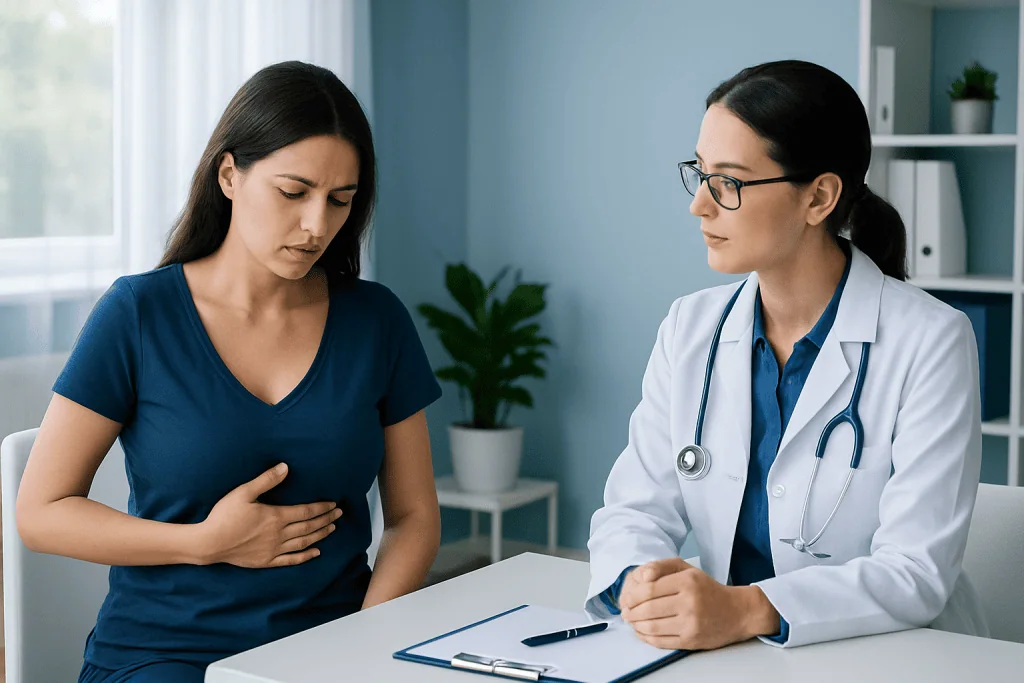 Doctor consulting a patient about abdominal pain in a hospital setting.