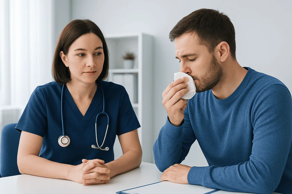 Patient with nasal symptoms consulting a healthcare professional.