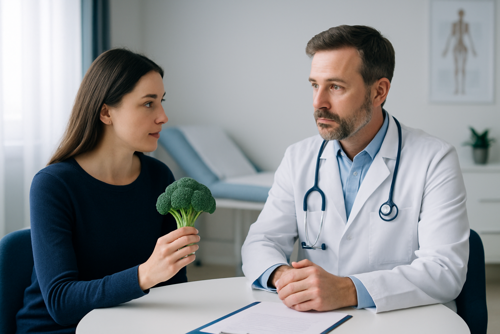 Doctor consulting with a patient holding broccoli in a medical office.