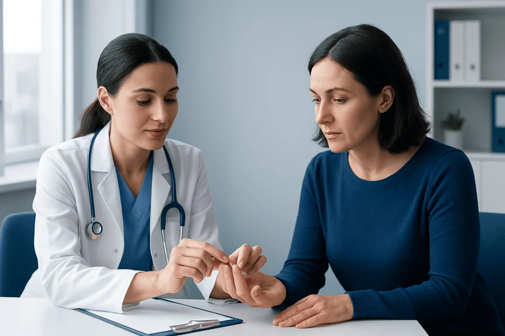 Doctor examining patient's finger for blood vessel issues in a clinical setting.