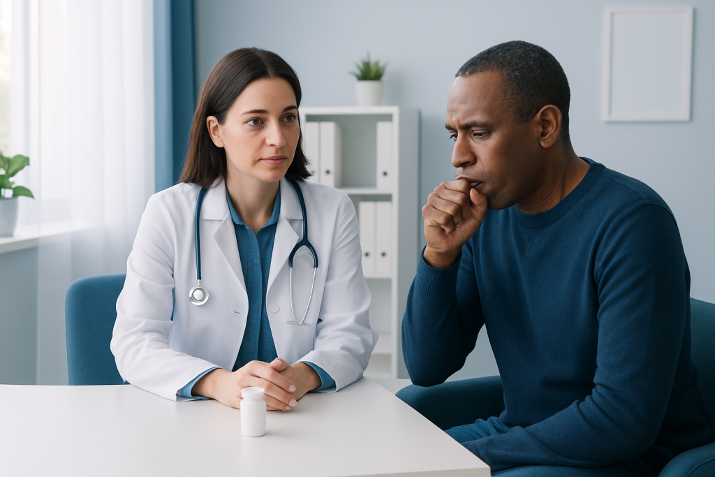 Doctor consulting with patient about medication in a clinic setting.