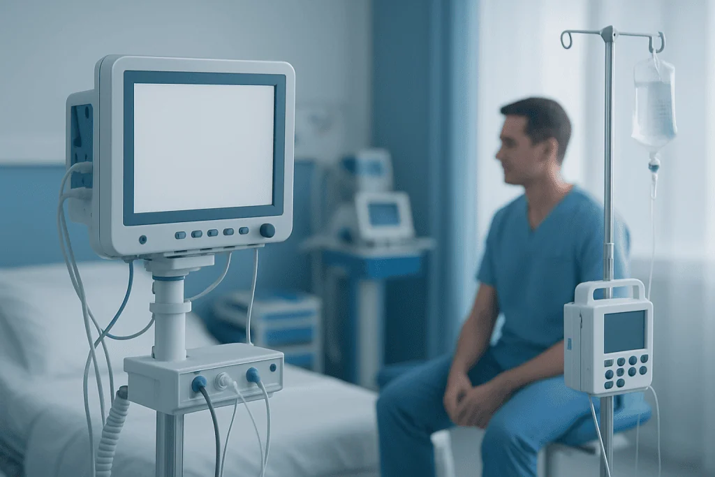 Medical monitor and IV drip in a hospital room with a patient.