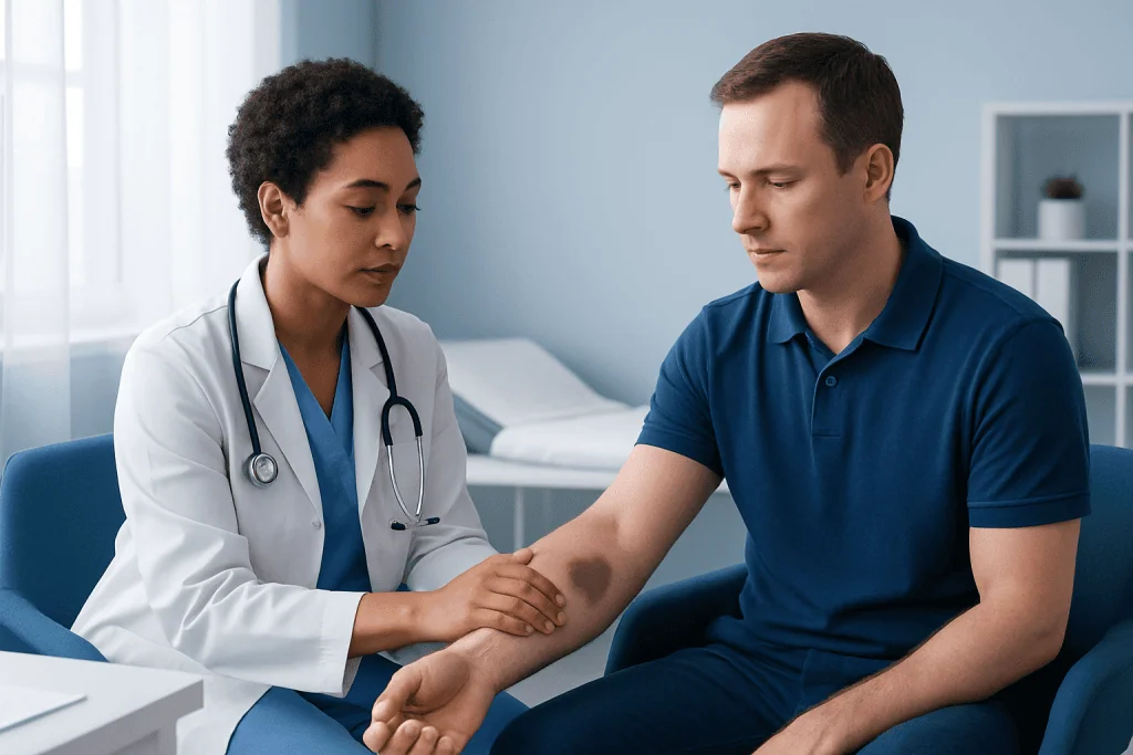 Doctor examining a patient's arm with a bruise from a spider bite.